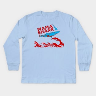 mama shark in red jumping waves Kids Long Sleeve T-Shirt